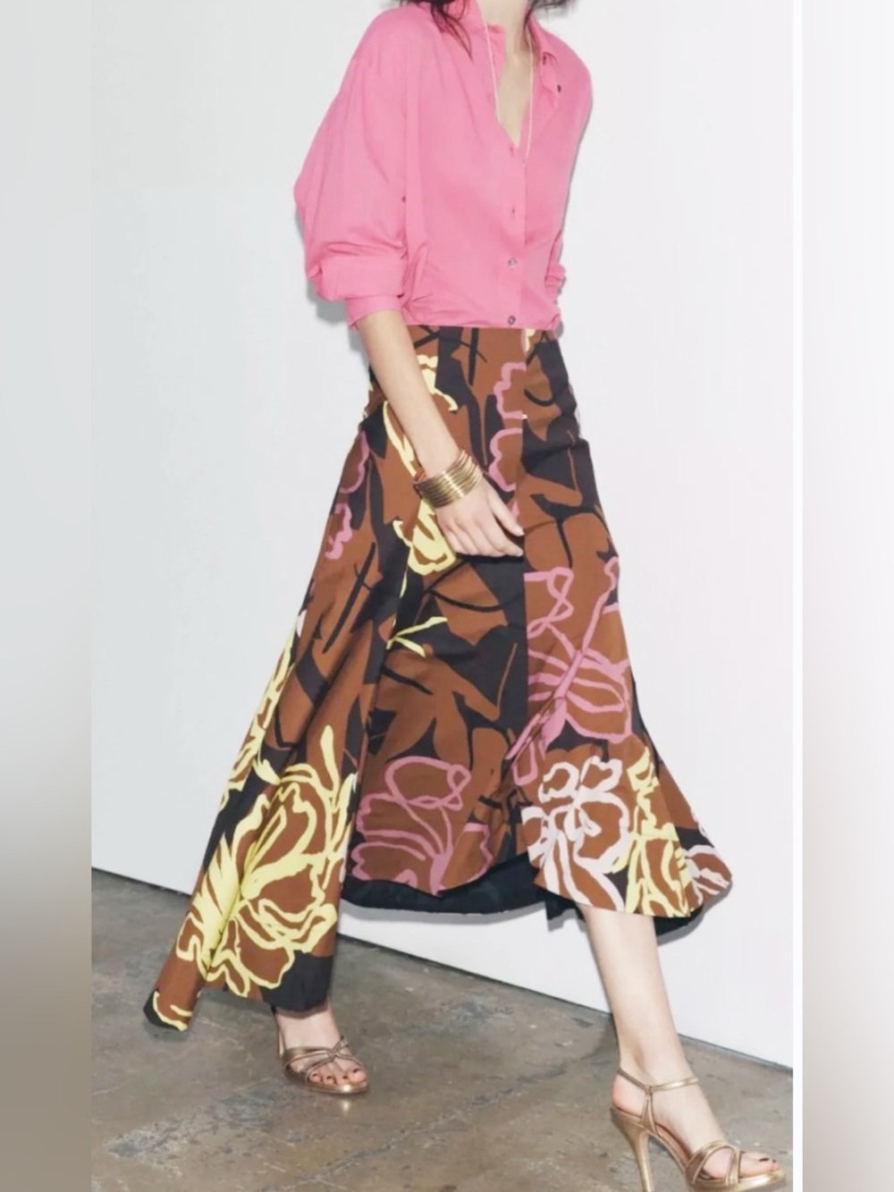 Zara Printed Asymmetric Floral Skirt in brown, pink, and yellow 100% cotton